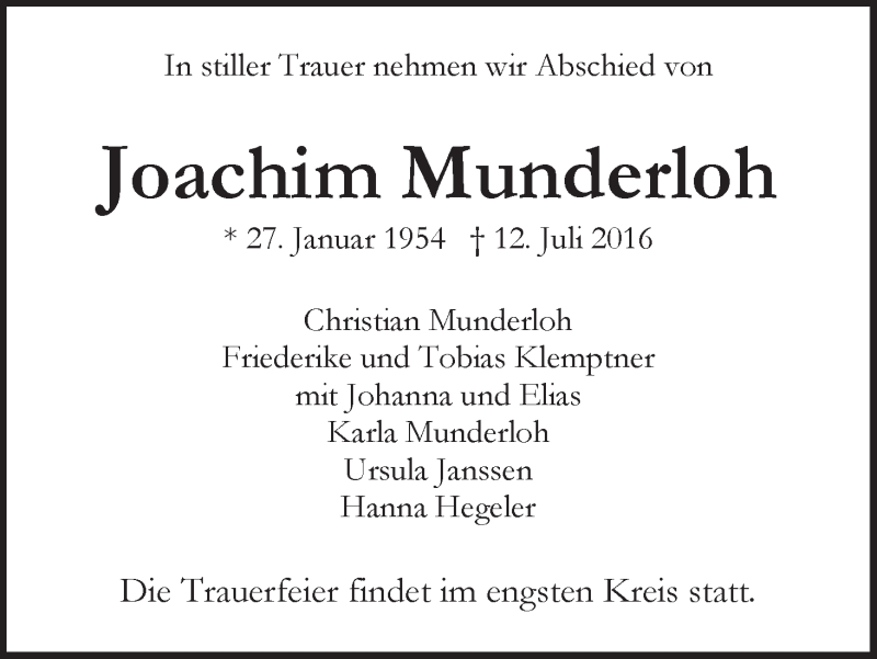 Traueranzeige von Joachim Munderloh von WESER-KURIER