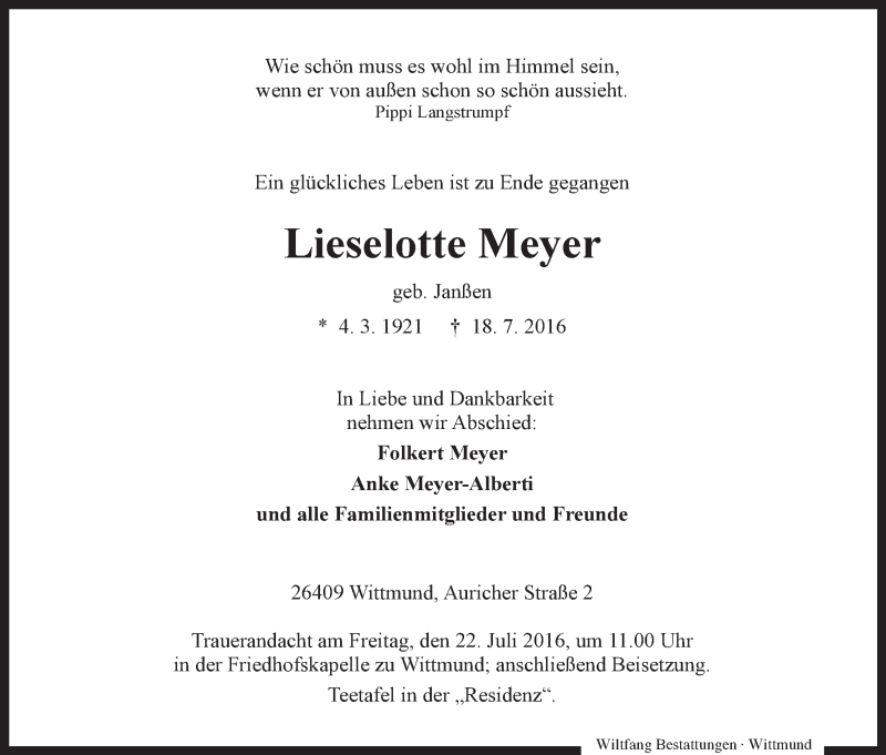 Traueranzeige von Lieselotte Meyer von WESER-KURIER