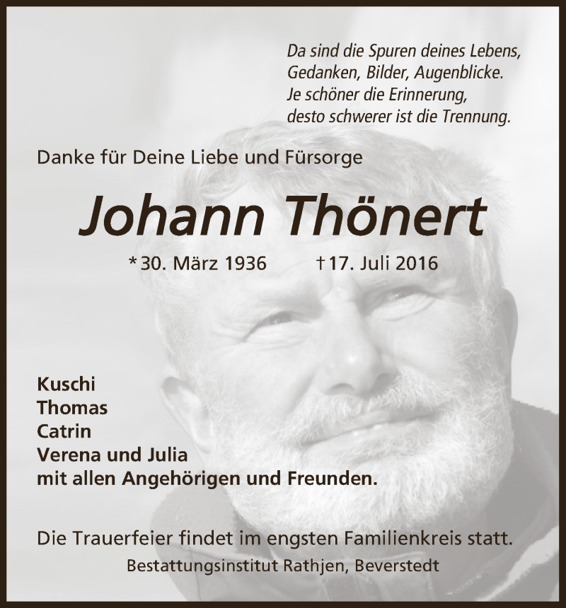 Traueranzeige von Johann Thönert von WESER-KURIER