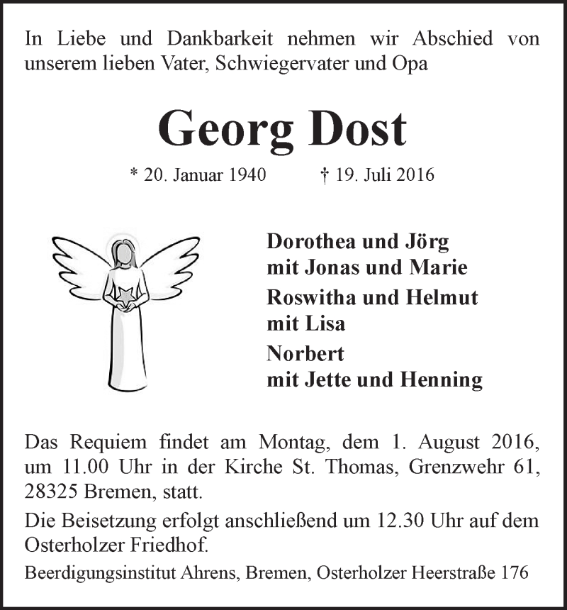 Traueranzeige von Georg Dost von WESER-KURIER