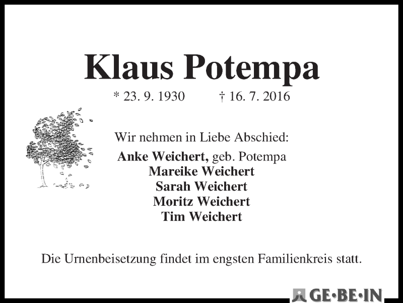 Traueranzeige von Klaus Potempa von WESER-KURIER