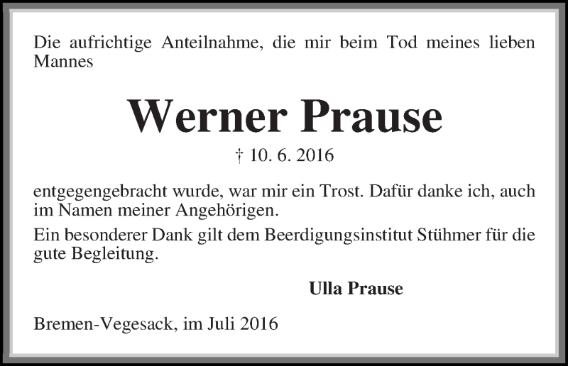 Traueranzeige von Werner Prause von WESER-KURIER