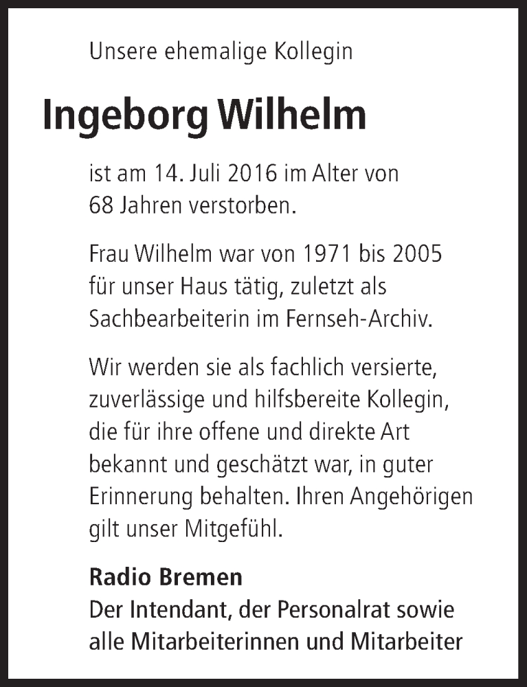 Traueranzeige von Ingeborg Wilhelm von WESER-KURIER