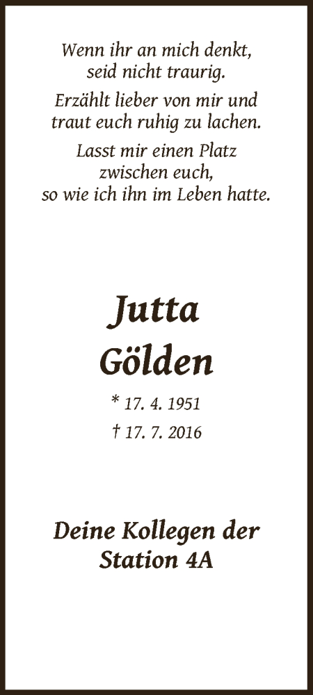 Traueranzeige von Jutta Gölden von WESER-KURIER