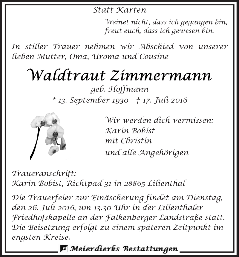 Traueranzeige von Waldtraut Zimmermann von Wuemme Zeitung