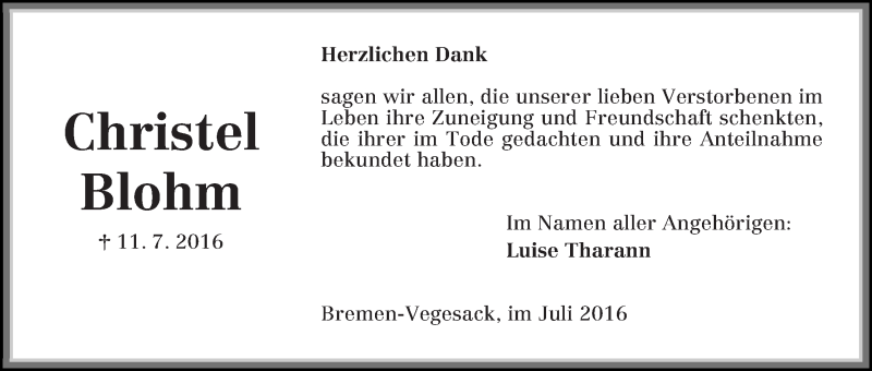 Traueranzeige von Christel Blohm von Die Norddeutsche