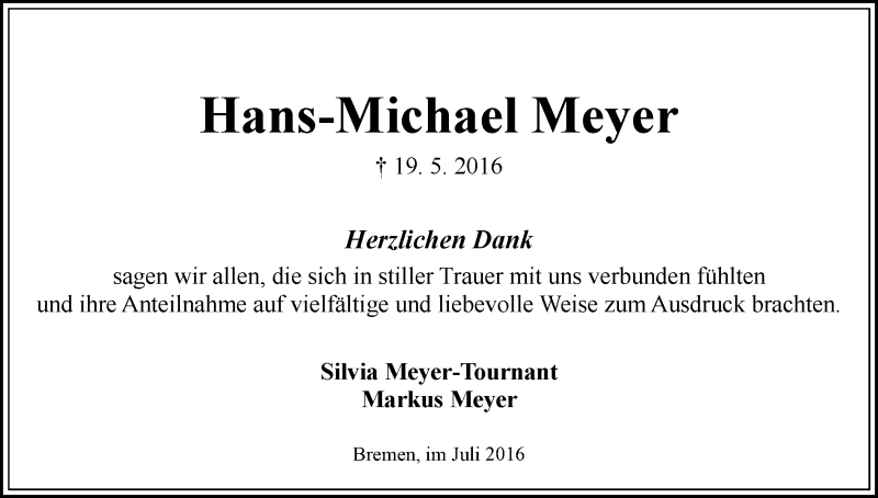 Traueranzeige von Hans-Michael Meyer von WESER-KURIER