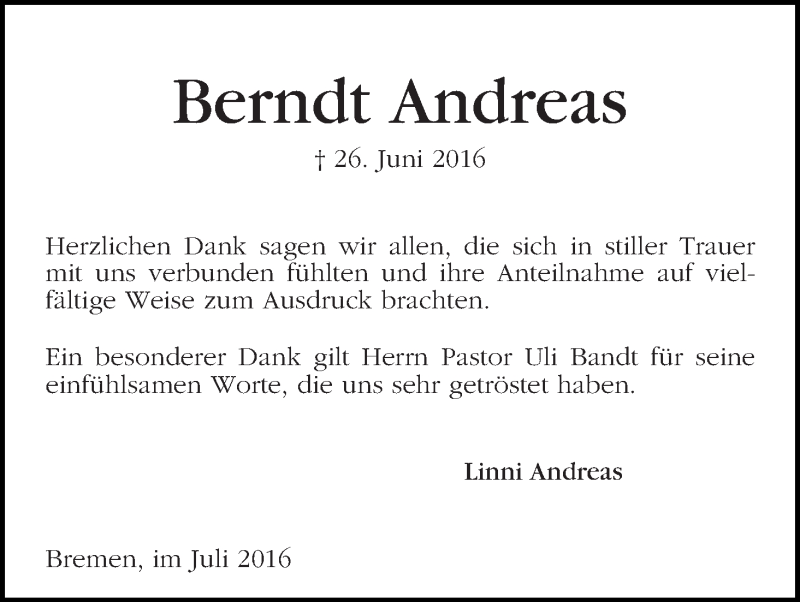 Traueranzeige von Andreas Berndt von WESER-KURIER