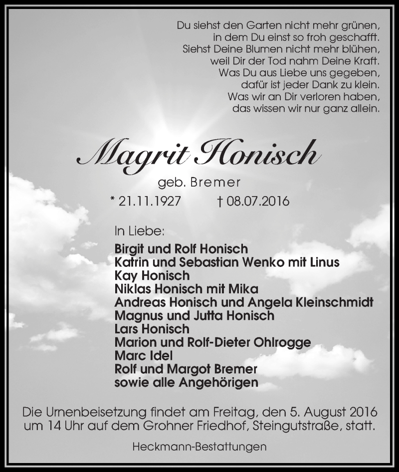 Traueranzeige von Margit Honisch von Die Norddeutsche