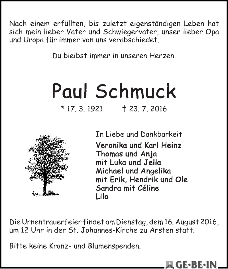 Traueranzeige von Paul Schmuck von WESER-KURIER