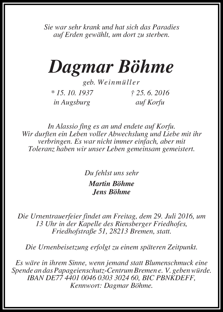 Traueranzeige von Dagmar Böhme von WESER-KURIER