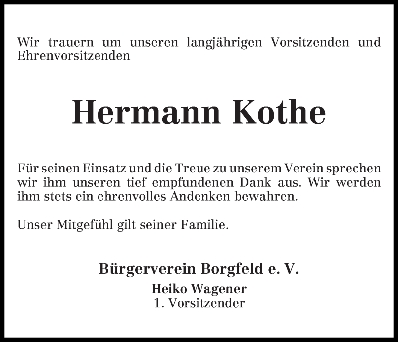 Traueranzeige von Hermann  Kothe von Wuemme Zeitung