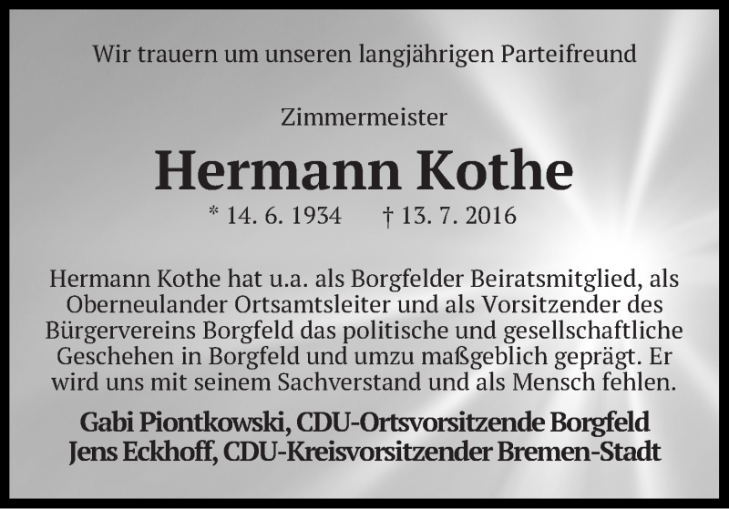 Traueranzeige von Hermann  Kothe von Wuemme Zeitung