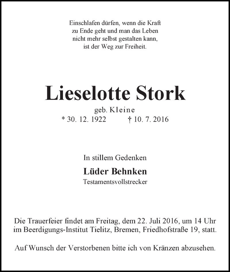Traueranzeige von Lieselotte Stork von WESER-KURIER