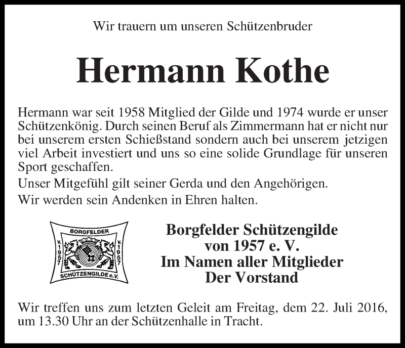 Traueranzeige von Hermann  Kothe von Wuemme Zeitung