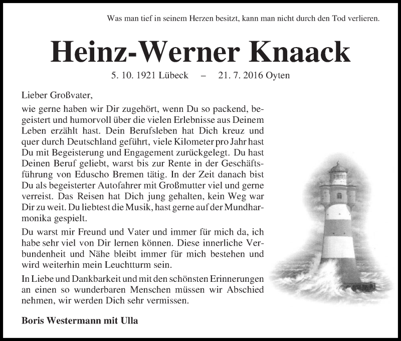 Traueranzeige von Heinz-Werner Knaack von Achimer Kurier/Verdener Nachrichten