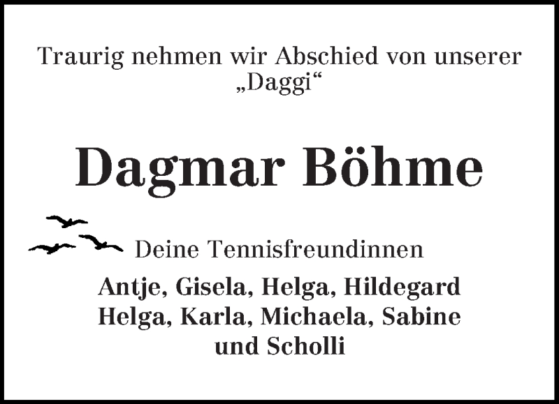 Traueranzeige von Dagmar Böhme von WESER-KURIER