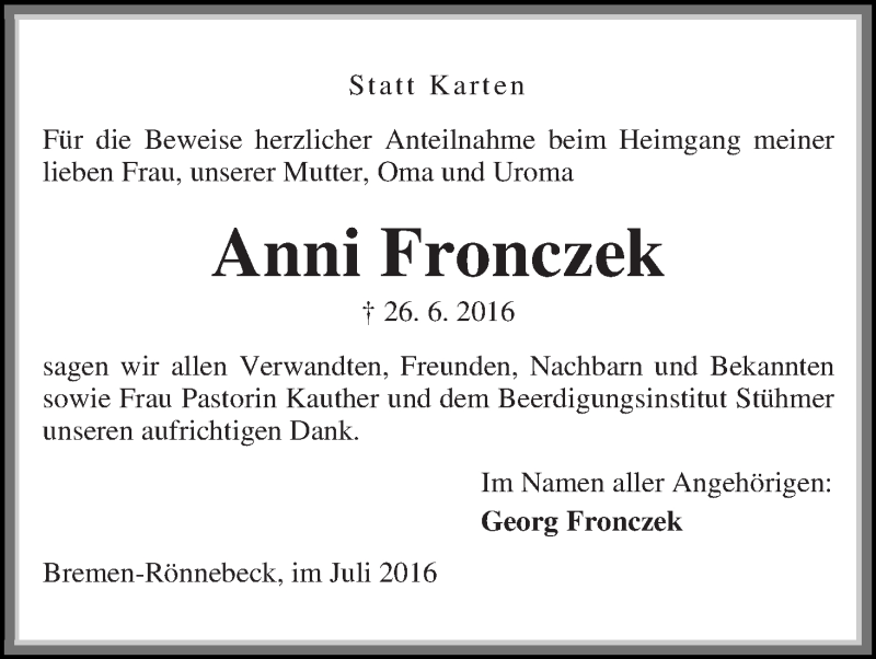 Traueranzeige von Anni Fronczek von Die Norddeutsche