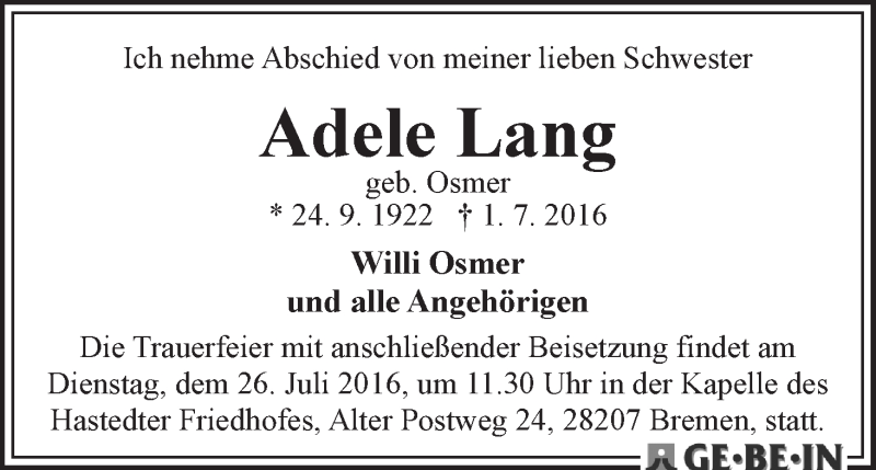 Traueranzeige von Adele Lang von WESER-KURIER