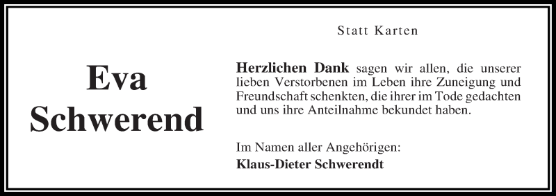 Traueranzeige von Eva Schwerendt von Die Norddeutsche