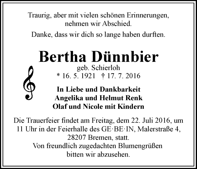 Traueranzeige von Bertha Dünnbier von WESER-KURIER