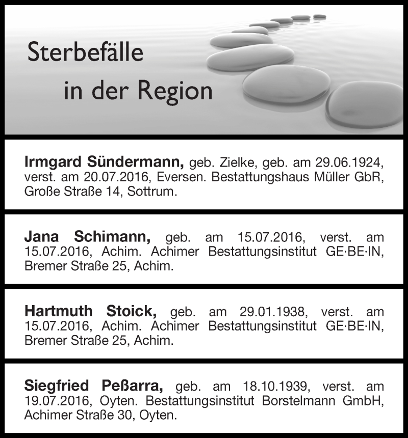 Traueranzeige von Sterbefälle Achim/Verden von Achimer Kurier/Verdener Nachrichten
