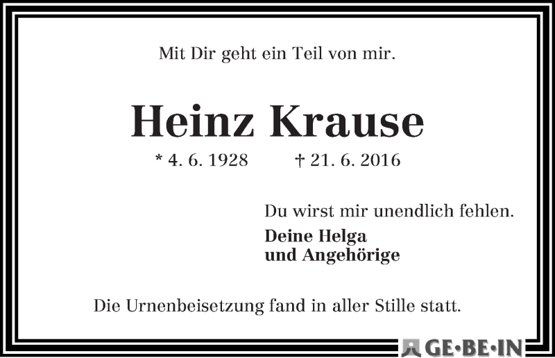 Traueranzeige von Heinz Krause von WESER-KURIER
