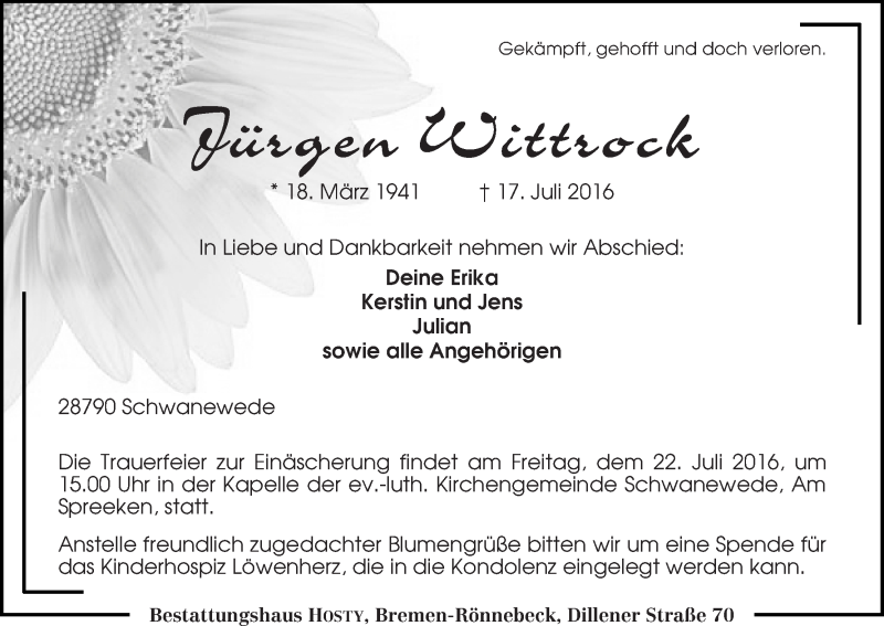 Traueranzeige von Jürgen Wittrock von Die Norddeutsche