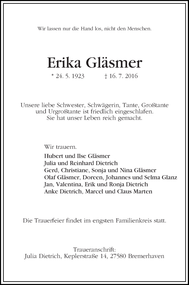 Traueranzeige von Erika Gläsmer von WESER-KURIER