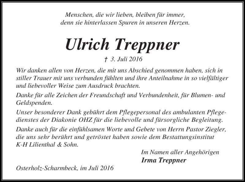 Traueranzeige von Ulrich Treppner von Osterholzer Kreisblatt