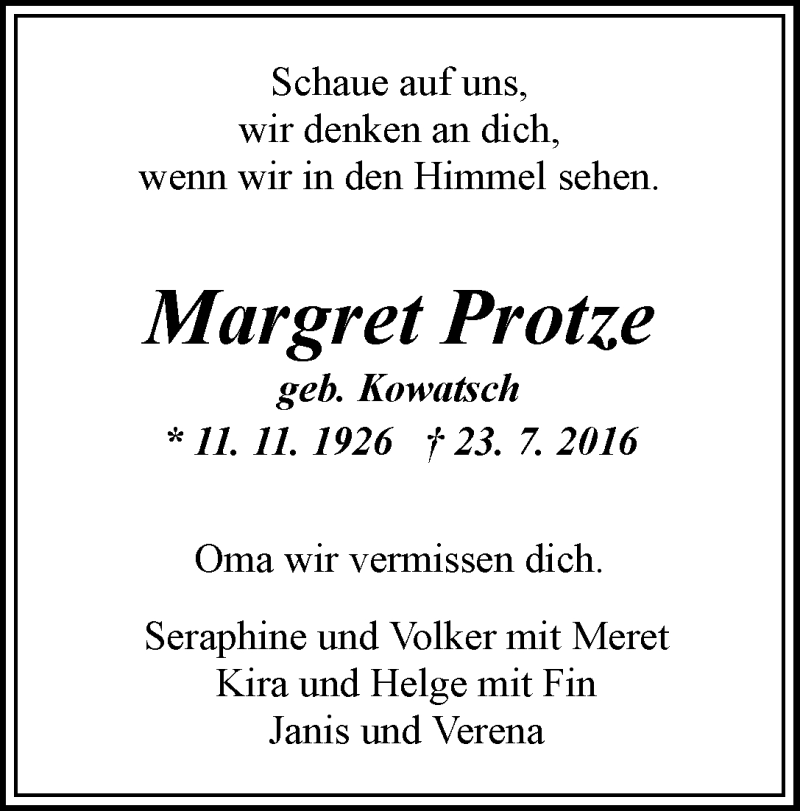 Traueranzeige von Margret Protze von WESER-KURIER