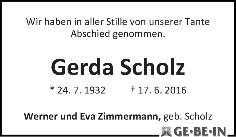 Traueranzeige von Gerda Scholz von WESER-KURIER