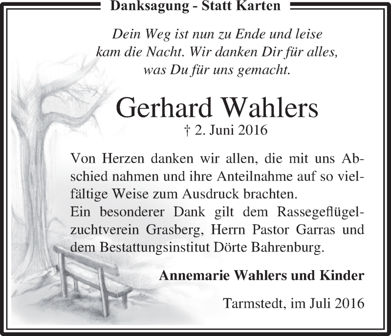Traueranzeige von Gerhard Wahlers von Wuemme Zeitung
