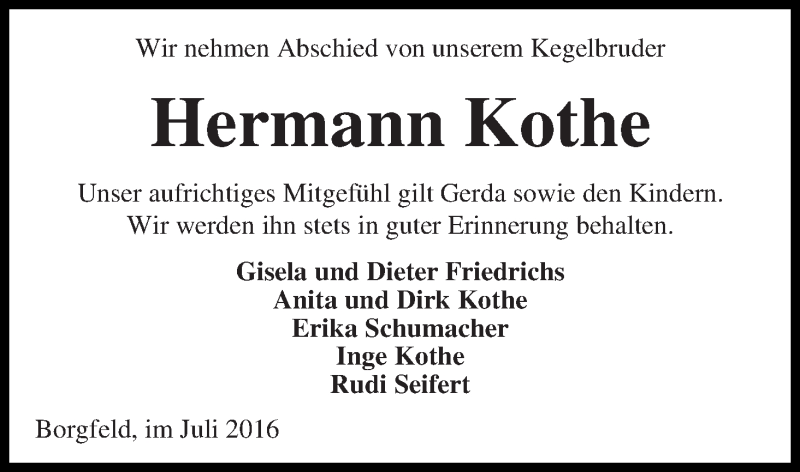 Traueranzeige von Hermann  Kothe von Wuemme Zeitung