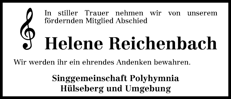 Traueranzeige von Helene Reichenbach von Osterholzer Kreisblatt