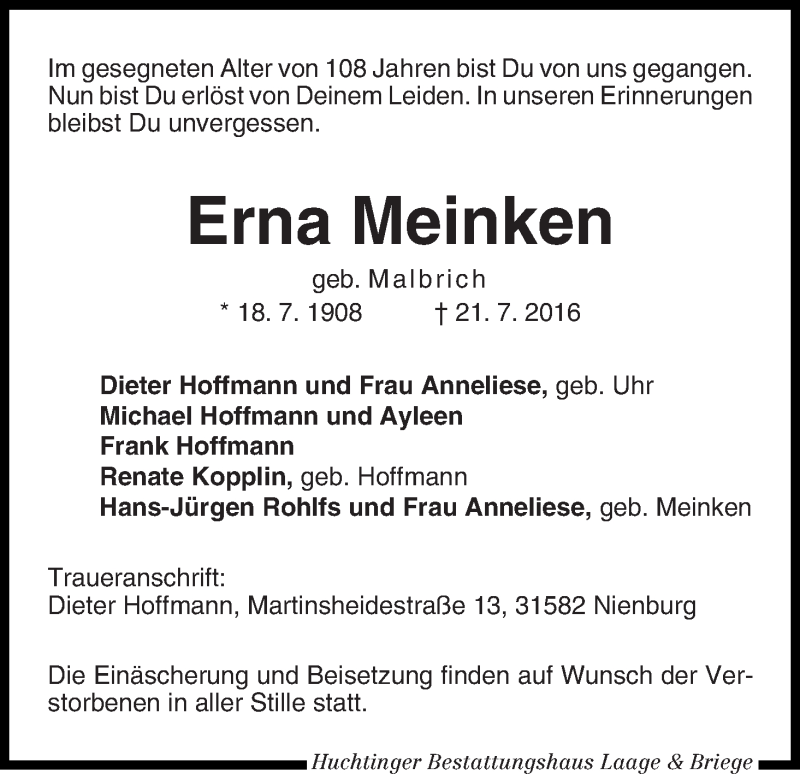 Traueranzeige von Erna Meinken von WESER-KURIER