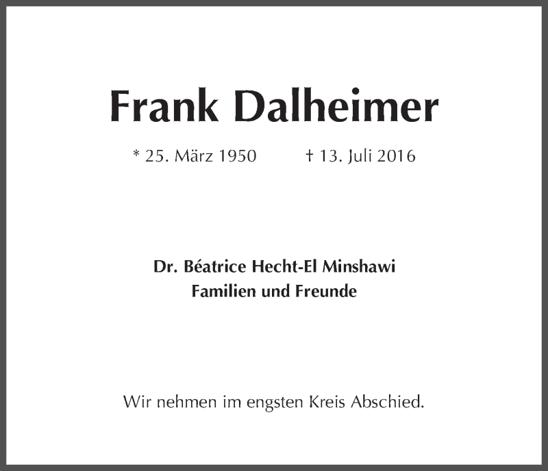Traueranzeige von Frank Dalheimer von WESER-KURIER
