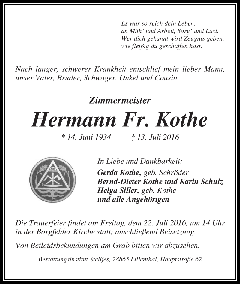 Traueranzeige von Hermann  Kothe von Wuemme Zeitung