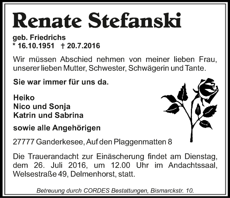 Traueranzeige von Renate Stefanski von WESER-KURIER