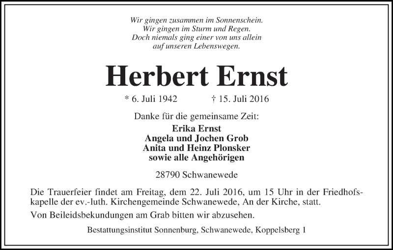 Traueranzeige von Herbert Ernst von Die Norddeutsche