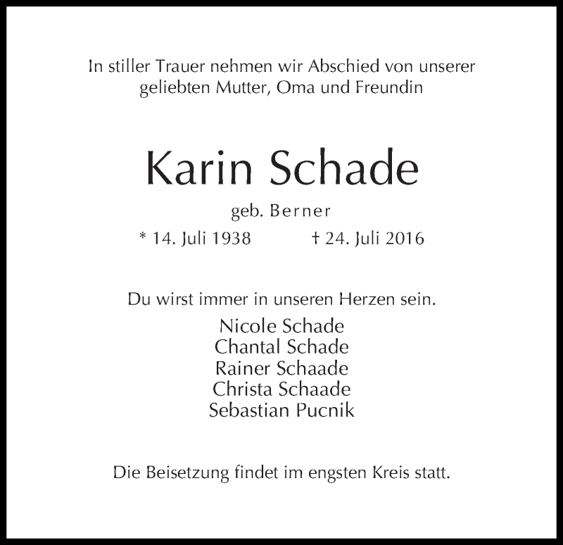 Traueranzeige von Karin Schade von WESER-KURIER