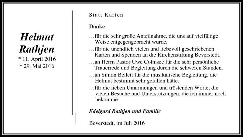 Traueranzeige von Helmut Rathjen von Osterholzer Kreisblatt