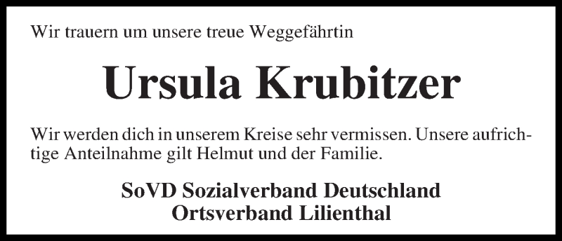 Traueranzeige von Ursula Krubitzer von Wuemme Zeitung