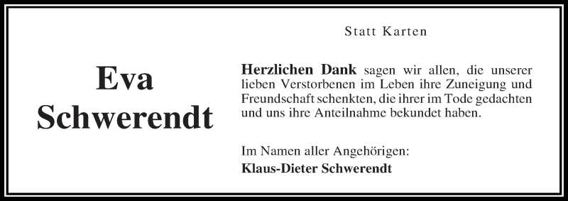 Traueranzeige von Eva Schwerendt von Die Norddeutsche