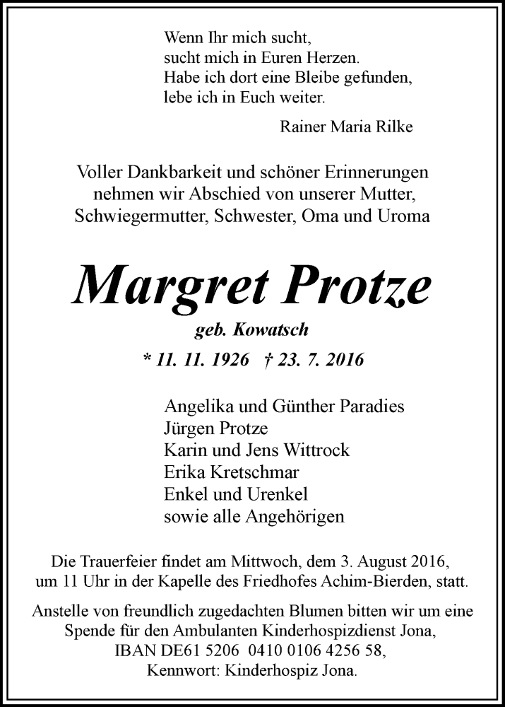 Traueranzeige von Margret Protze von WESER-KURIER