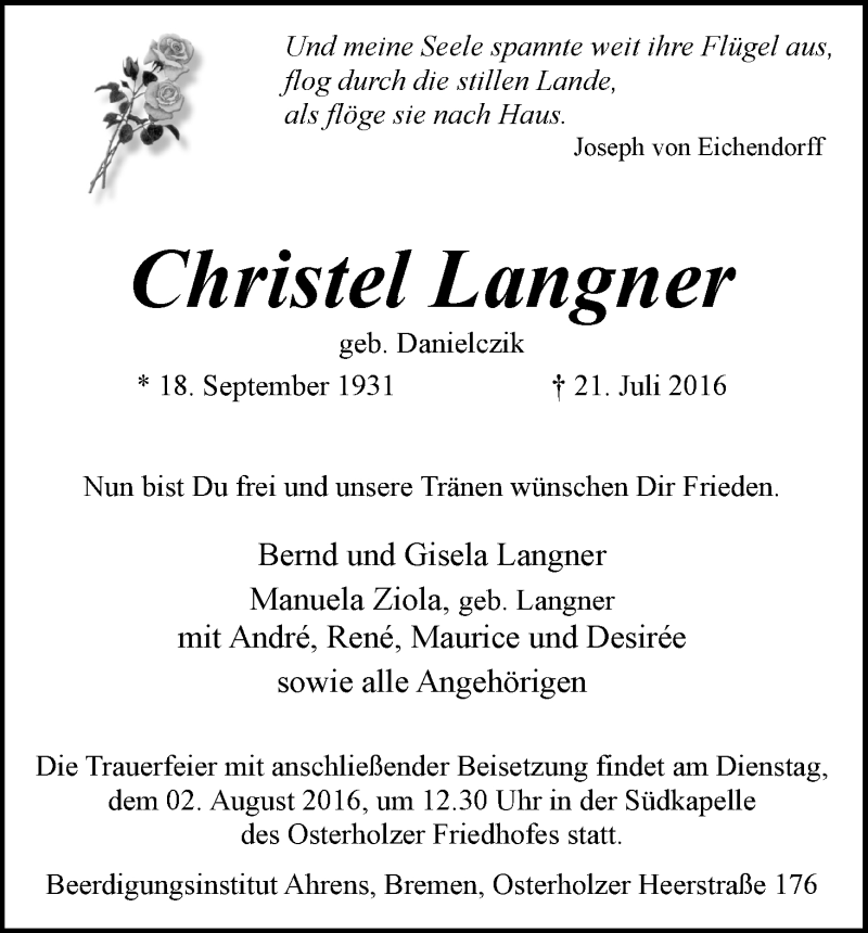 Traueranzeige von Christel Langner von WESER-KURIER