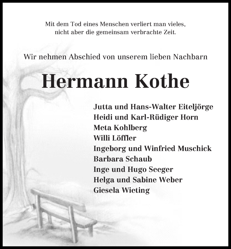 Traueranzeige von Hermann  Kothe von Wuemme Zeitung