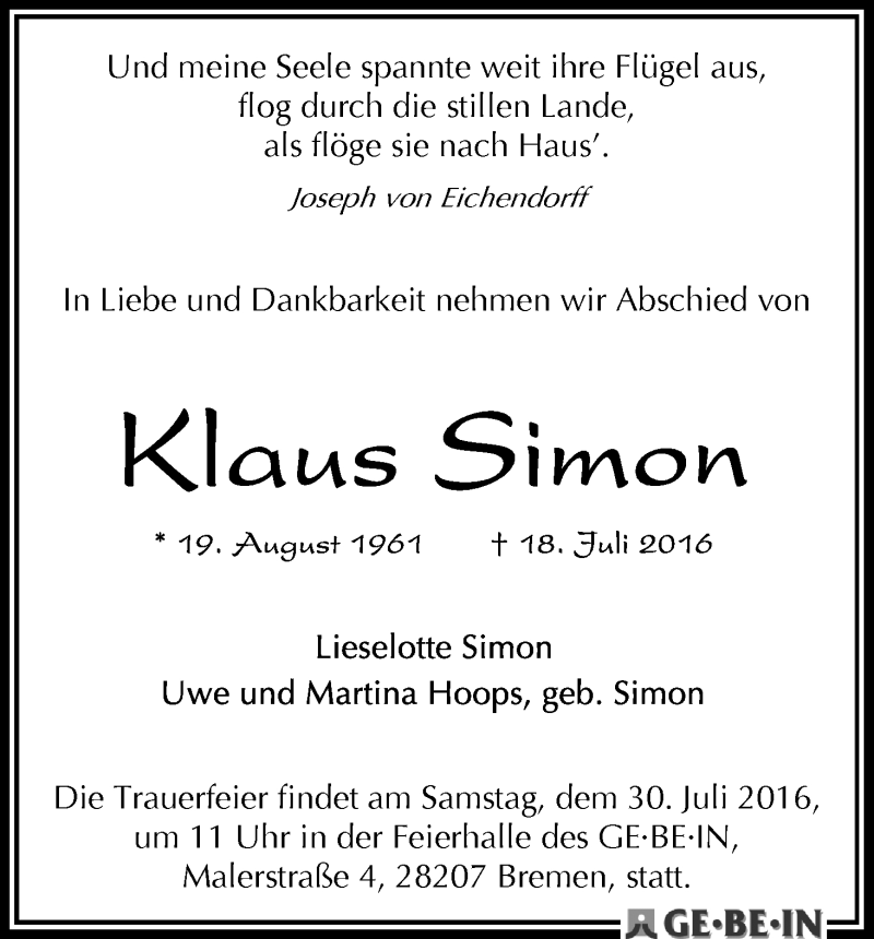 Traueranzeige von Klaus Simon von WESER-KURIER