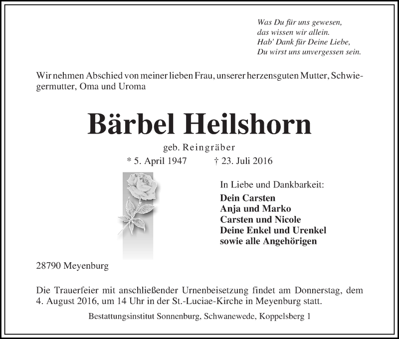 Traueranzeige von Bärbel Heilshorn von Die Norddeutsche
