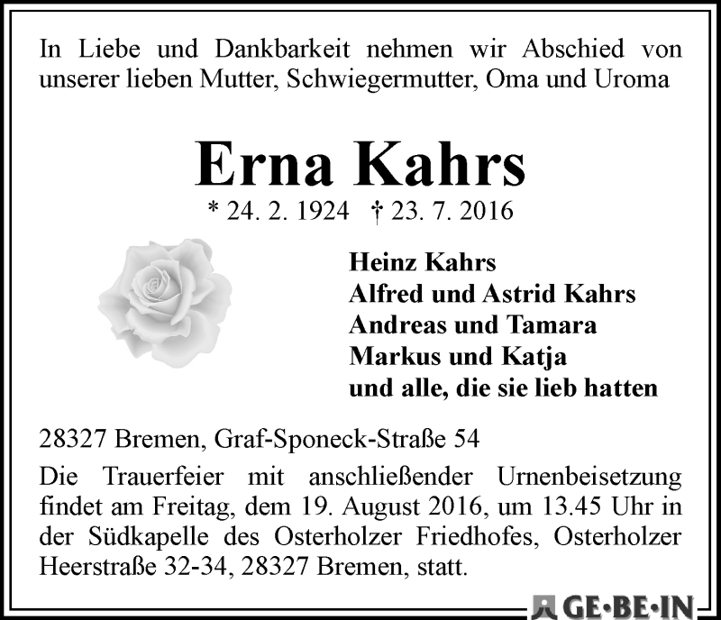 Traueranzeige von Erna Kahrs von WESER-KURIER